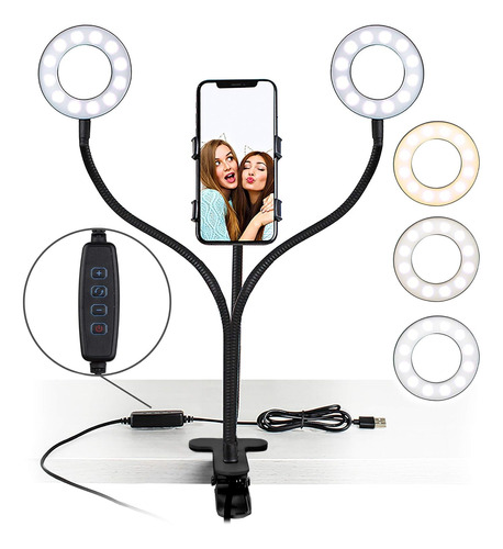 Aro Selfie Doble Luz Led Ring Light Base Pinza Clip Celular