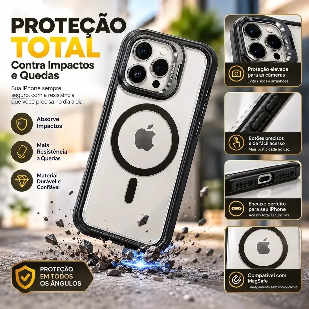 Capa Protetora Preto para iPhone 11 12 13 14 15 16 17 Pro Pro Max Silicone Anti Impacto Reforçada MagSafe Carregamento Magnético Case Capinha Celular Proteção Contra Quedas