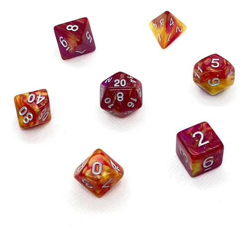 Set 7 Dados Rol - Fire Spin Rojo Marmolado Muy Lejano