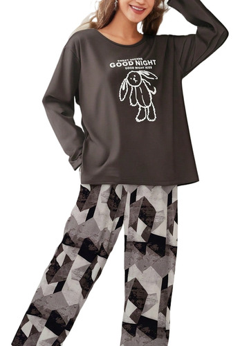 2pzs Conjunto De Pijama Casual Manga Larga Estampado Mujer