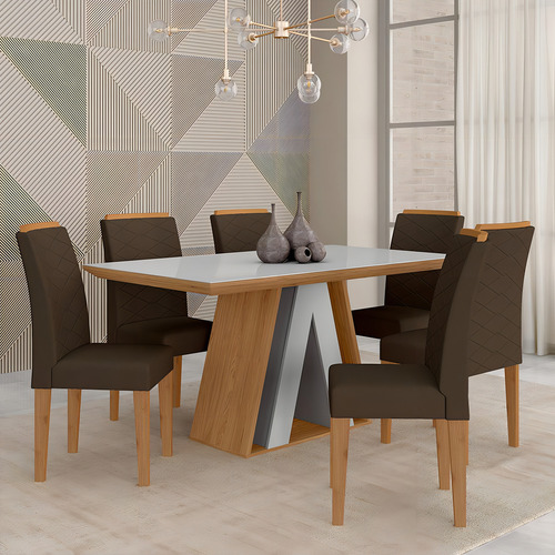 Mesa de comedor con 6 sillas de cristal suizo cinam/off/marro, M.A Color Cinnamomo/blanco/marrón 04