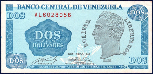 Billete 2 Bolívares Al7 Oct 05 1989 Simón Bolívar Tinoquito