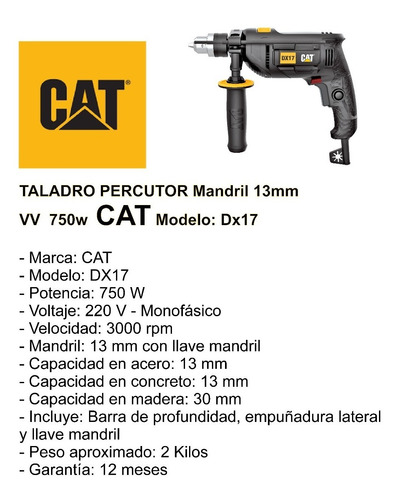 Imagen 2 de 7 de Taladro Percutor Cat Dx17 Mandril 13 Mm 750w Profesional