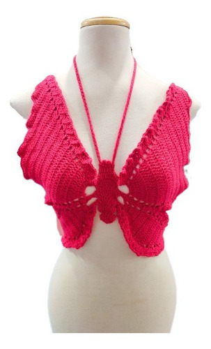 Crop Mariposa Rosa A Crochet 