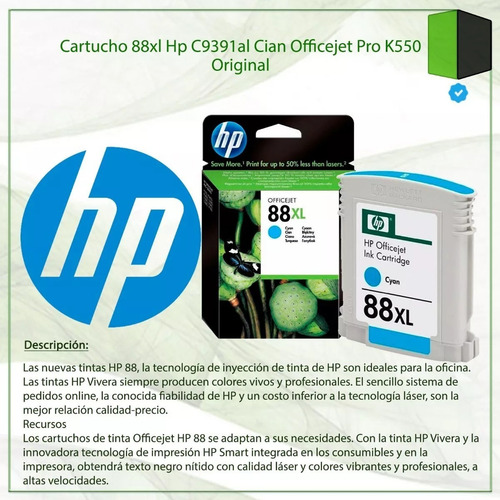 Imagen 2 de 3 de Cartucho Hp C9391al Cian Large (xl) (#88) Original Oferta