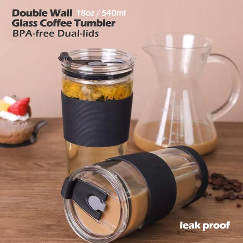 Vaso De Vidrio De Pared Doble Vimoztom Con Tapa A Prueba De
