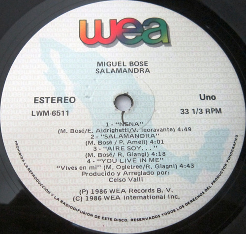 Miguel Bose - Salamandra Insert Lp (Usado)