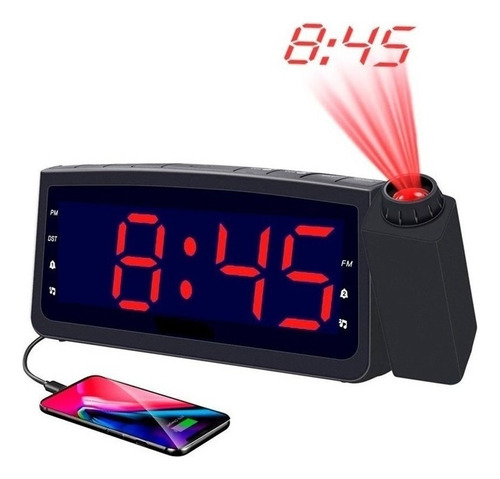 Relógio Despertador Digital Rádio Fm Usb Projetor De Hora Tp Cor Preto 100v/240v