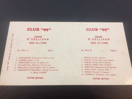 John O Sullivan Club 99 Disco Vinilo Lp Limited Edition (Usado)