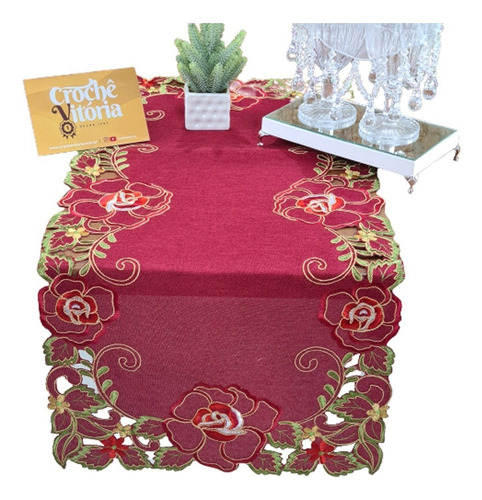 Caminho De Mesa Guippir Bordado Renda 90cm Holanda Flor Luxo Cor Vermelho