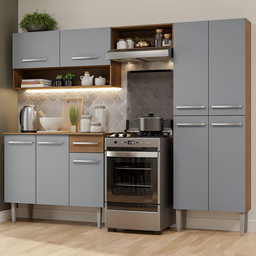 Armário De Cozinha Compacta Madesa Emilly Pop Com Balcão Rc Cor Rustic/Cinza