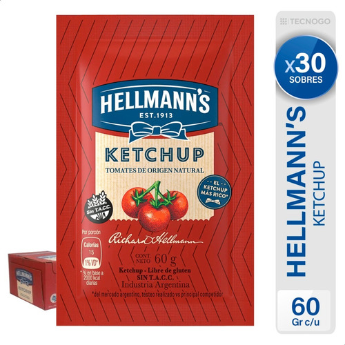 Ketchup Hellmanns Aderezo Caja De 30 Unidades Salsa Sin Tacc