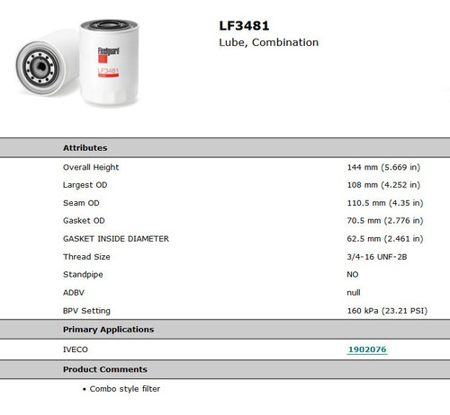 Lf3481 Filtro Aceite ( P550226 51431 Bd232 Lfp2241 C-7937 )