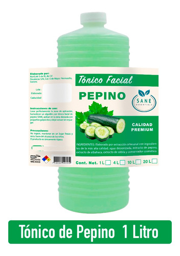 Tónico Facial De Extracto De Pepino Marca Sane 1 Litro 