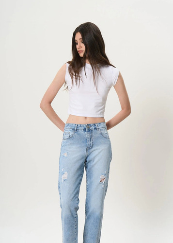 Pantalón Mom De Jean Rígido Con Roturas -miller-tiro Medio
