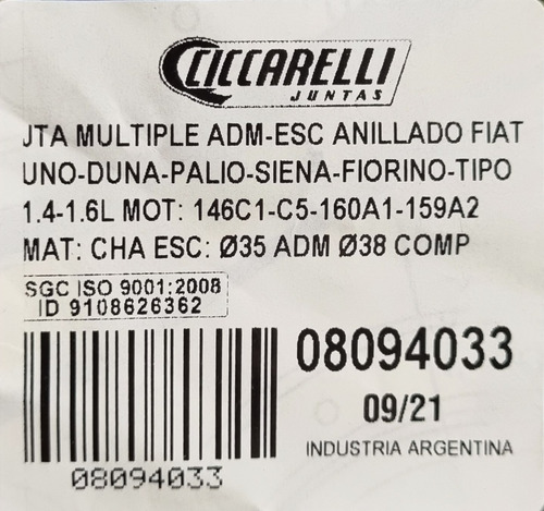 Junta Admisión Y Escape Fiat 8v Esc 35 Adm 38 Competición