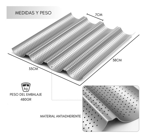 Molde Perforado Antiadherente 4 Pan Francés Baguette