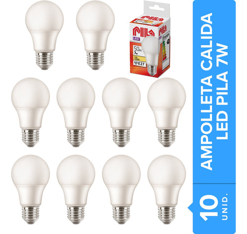 Pack 10 Ampolletas Led Pila E27 7w A60 Calida