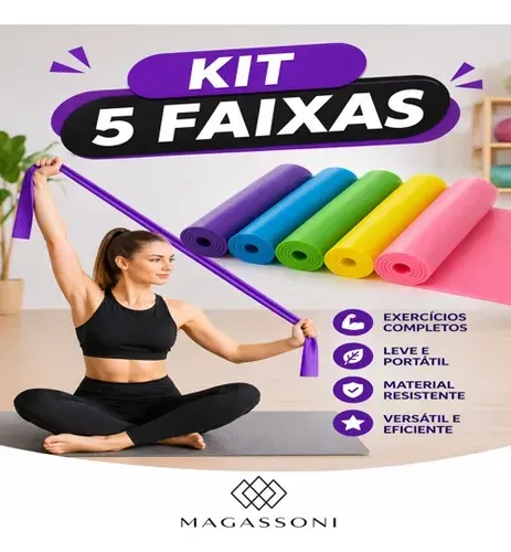Kit 5 Faixas Elásticas Magassoni Yoga Academia Fisioterapia E Tre...