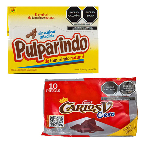 Pulparindo De La Rosa + Chocolate Carlos V Sin Azucar 2 Pzs