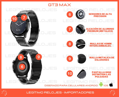 Imagen 3 de 10 de Smartwatch Hombre Gt3 Max Reloj Inteligente Elegante Sport