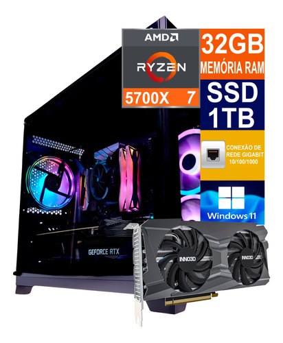 Pc Gamer Cpu Ryzen 7 5700x Ssd 1tb, 32gb Ddr4 Rtx 3060ti 8gb