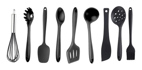 Kit Colher Espátula Concha 9 Utensílios De Silicone Preto*