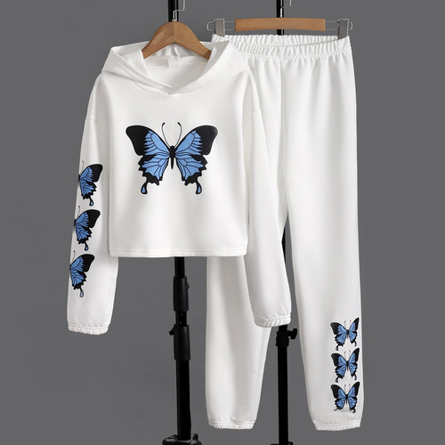 Conjunto De Sudadera Niño Capucha Y Estampado De Mariposa Blanco 10-11 Años