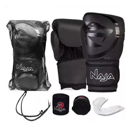 Kit Luva Boxe Muay Thai Naja Black Line + Bandagem + Bucal Cor Preto Tamanho 16oz