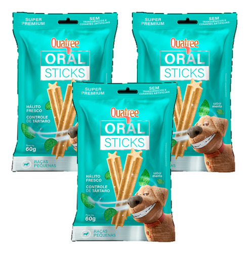 Kit 3 Snack Quatree Sticks Para Cães Raças Pequena Menta 60g