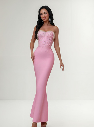 Vestido Strapless Con Aplicaciones De Perlas Modelo 6028-1
