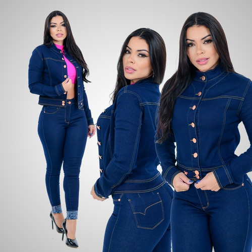 Imagem 4 de 10 de Jaqueta Jeans Feminina Lançamento Gola Padre Lavagem Escura