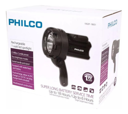 Linterna Foco Led Recargable Philco 1w 19gep18651