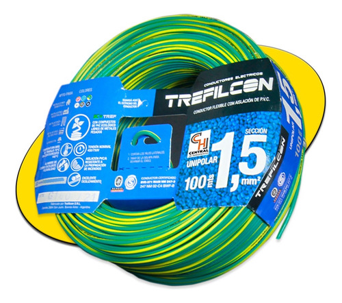 Cable Verde/amarilo Unipolar 1.5mm Trefilcon  100mt