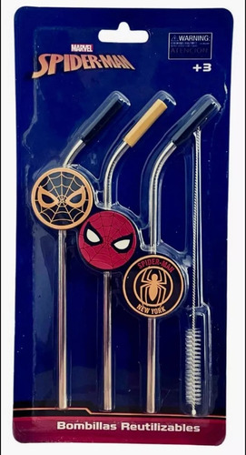 Set 3 Bombillas Reutilizables + Cepillo Spiderman Marvel