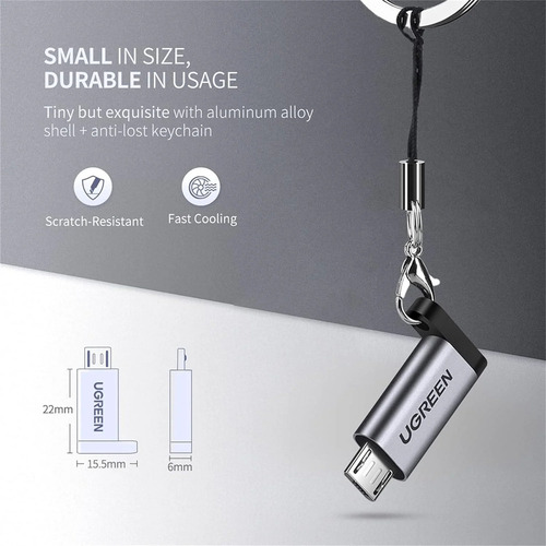 Adaptador UGREEN USB-C 3.1 a Micro USB Carga Rápida FPC/QC2.0 Sincronización de Datos Velocidad de Transferencia de hasta 480Mbps Incluye Cordón Caja de Aluminio Múltiples Protecciones