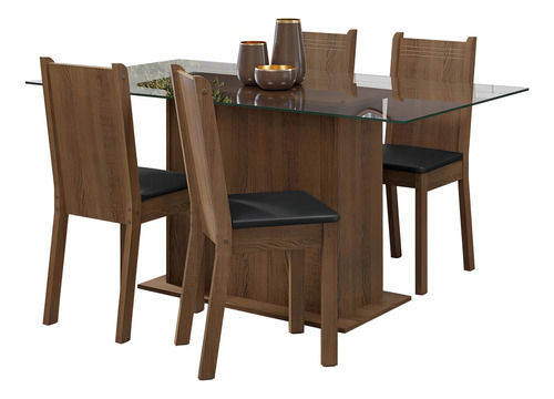 Sala De Jantar Mesa Tampo De Vidro 4 Cadeiras Espanha Madesa Cor Rustic/preto