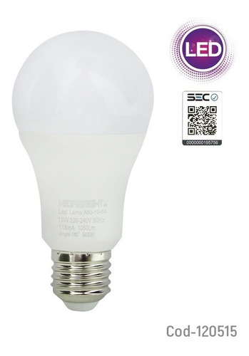 Imagen 2 de 2 de Ampolleta Led 13watt E-27, A60 Luz Fria,