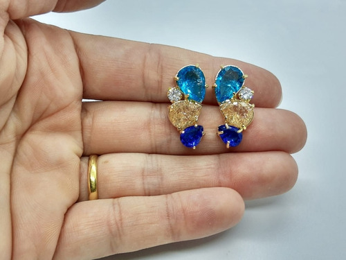 Brinco Ear Cuff Pedra Colorido Zirconia Fusion Dourado Festa