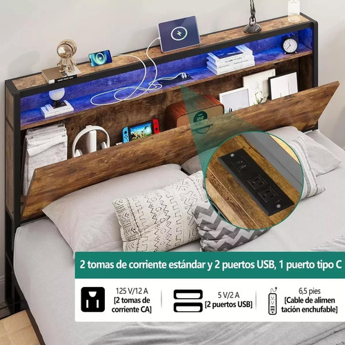 Base Cama Matrimonial Con Cabecero Y Luz Led Y 4 Cajones