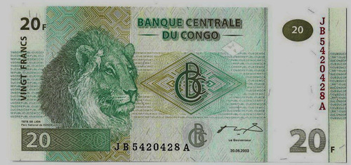 Fk Billete Congo 20 Francos 2003 P-94 Leon Sin Circular