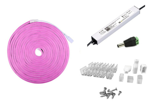 Set Cinta Led Neón Rosado Tira 5m + Fuente 12vdc + Kit Clips