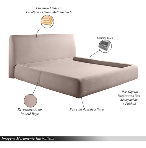 Cama Com Cabeceira Pagani King Base No Chão Bouclê Bege