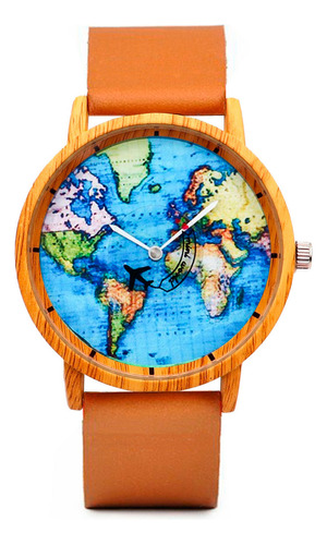 Reloj Travel Mapa Continente Unisex Tono Madera + Estuche 