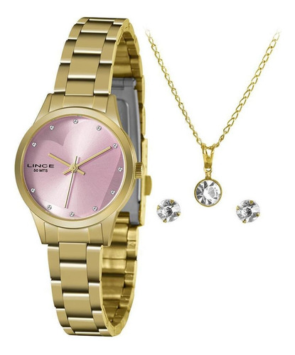 Relógio Lince Feminino Dourado + Semijóia 30mm Cor Do Fundo Rosa