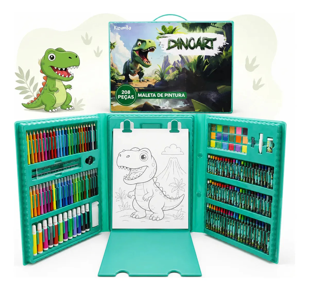 Kit Estojo Maleta De Pintura Infantil Dinoart 208 Peças Completo Para Colorir Escolar Presente Criança Menino Menina Kizumba