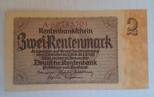 Billete De 2 Rentenmark (alemania), Año 1937
