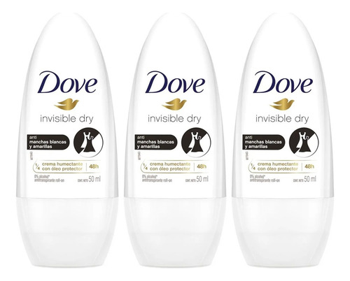 X3 Desodorante Dove Roll On Invisible Dry 50ml Anti Manchas