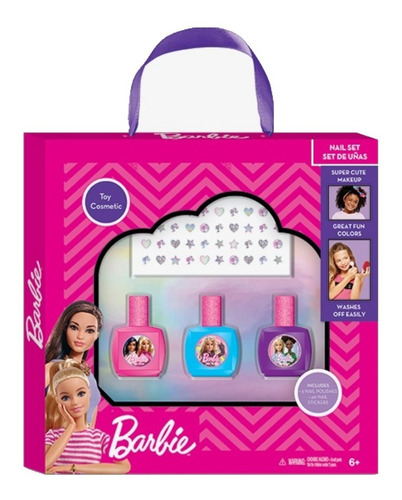 Set Mediano De Uñas Infantil Esmaltes + Stickers De  Barbie