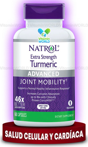 Natrol Turmeric Joint mobility - Cúrcuma Extra Fuertes 250mg 60 Caps 46x Mas Absorcion Sabor Sin savor